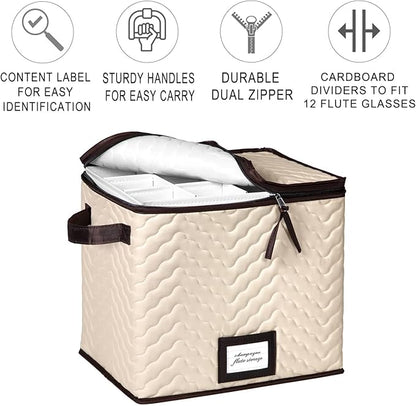Wine Glass Storage Box with Dividers - Stemware Storage Case, Durable Quilted Microfiber Bin with Carry Handles, Protects Fine China - (1 Pack, Champagne Flute)