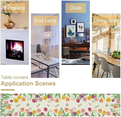 Tulips Spring Table Runner, Rustic Farmhouse Watercolor Botanical Colorful Tulips Olive Leaves Summer Garden Table Cover For Kitchen Dinning Table Indoor Outdoor Party Wedding Decor, 13x70inch