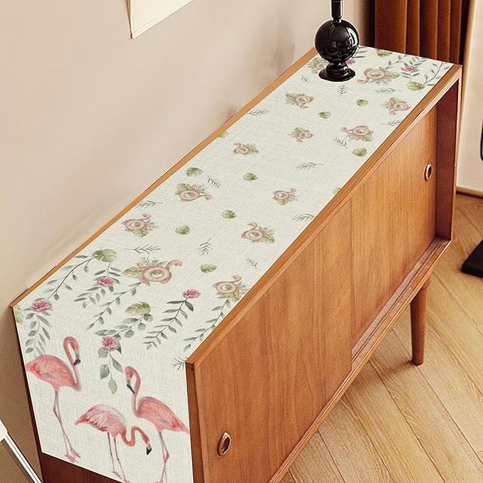 Flamingo Table Runner,Rustic Boho Grey Leaf Pink Rose Floral Tropical Bird Pattern Table Center Decor for Family Kitchen and Living Room Outdoor Farmhouse Party Table Decorations, 13"x36"