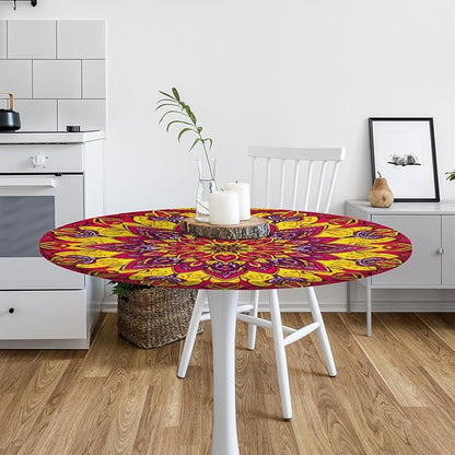Floral Mandala Vintage Round Table Cloth Cover, Elastic Edge Waterproof Wipeable Tablecloths 45"-56" Polyester Tablecloth for Party Restaurant Banquet Holiday Camping Outdoor Picnic