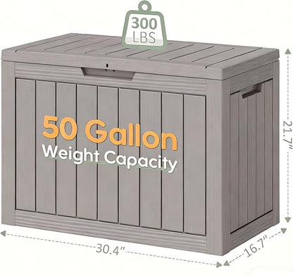 Outdoor Storage Box, Resin Deck Boxes Indoor and outdoor, Waterproof Storage Box Lockable Lid (Grey, 50 Gallon)