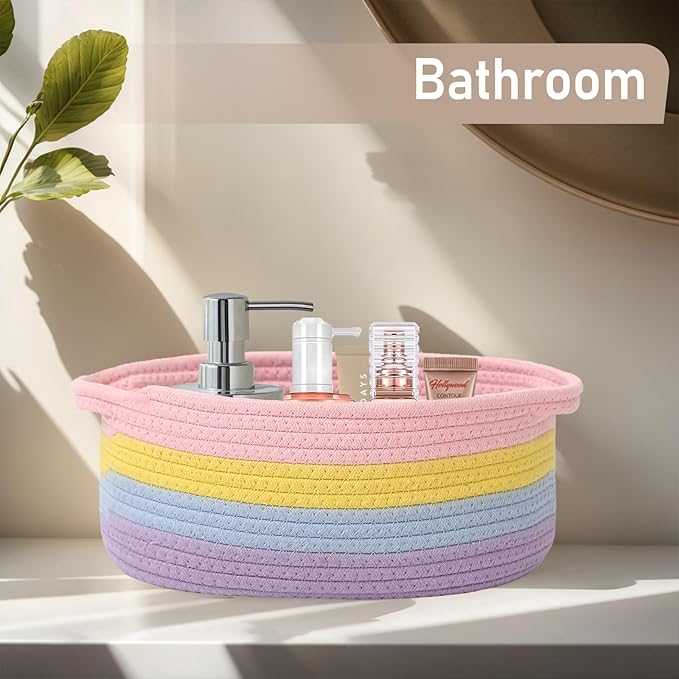 Woven Basket,Small Rope Storage Bin with Handles & Ribbon Bag, Organizer for Shelves Closets,Gift Basket Empty for Birthday,Books,Dog Toys, Rainbow/2 Pack