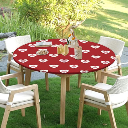 Valentines Day Round Fitted Tablecloth with Elastic Red Pink Heart Circle Table Cloth for 48-52" Round Tables Wipeable Waterproof Washable Burgundy Valentine Table Cover for Picnic Dining Party Decor