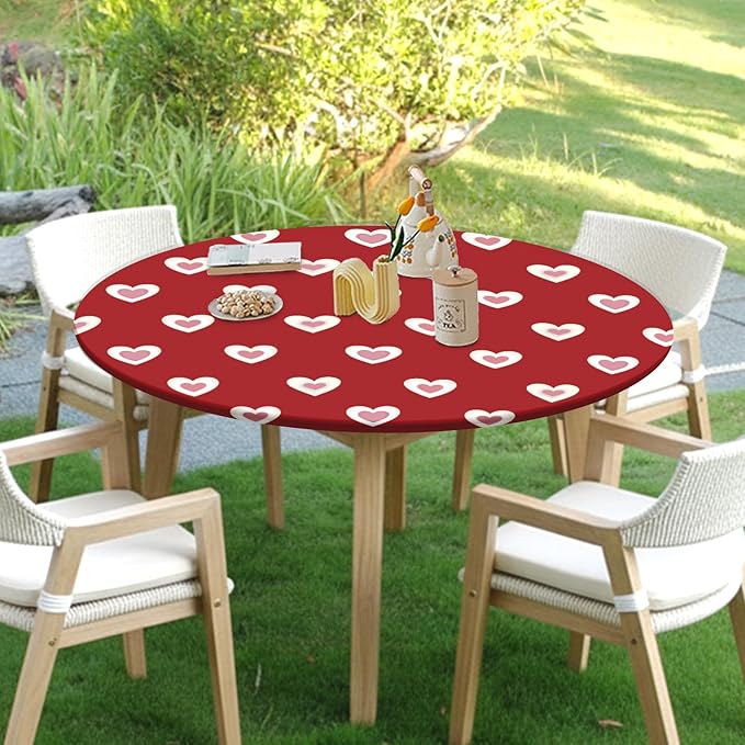 Valentines Day Round Fitted Tablecloth with Elastic Red Pink Heart Circle Table Cloth for 40-44" Round Tables Wipeable Waterproof Washable Burgundy Valentine Table Cover for Picnic Dining Party Decor