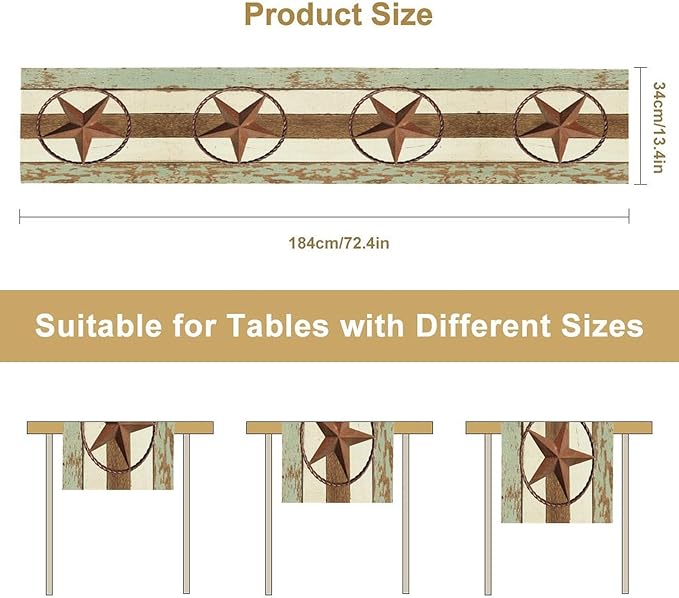 Texas Western Star Table Runner, Farmhouse Cowboy Country Barn Star Table Runners for Home Living Room Holiday Dinner Scarf Decor, 13x90inch