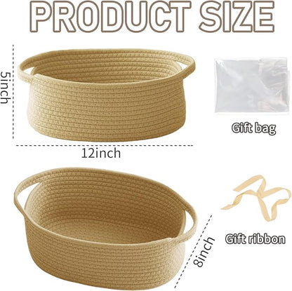 Woven Basket,Small Rope Storage Bin with Handles & Ribbon Bag, Organizer for Shelves Closets,Gift Basket Empty for Birthday,Books,Dog Toys, Jute