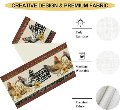 Farmhouse Rooster Table Runner, Rustic Vintage Chicken Egg Sunflower Floral Cow Hen Red Coffee Table Center Decor for Family Kitchen and Dining Room Outdoor Country Party Table Decorations, 13"x36"