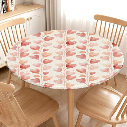 Valentines Day Round Fitted Tablecloth with Elastic Pink Love Heart Circle Table Cloth for 36-40" Round Tables Wipeable Waterproof Washable Valentine Hearts Table Cover for Picnic Dining Party Decor