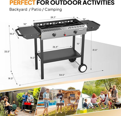 Bonnlo 2 Burner Propane Gas Burner with Auto Ignition, 150000 BTU Camping Stove with Storage Shelf and Rolling Wheels, Portable Outdoor Cooker for Patio Backyard Cooking Frying Boiling and Stewing