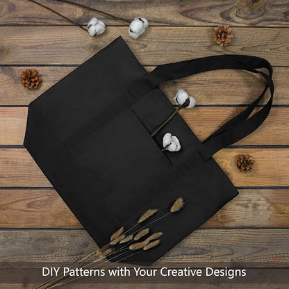 TOPDesign 3-Pack Canvas Tote Bags with an External Pocket, Reusable Grocery Shopping Bags, Top Zipper Closure, Daily Essentials (Black)