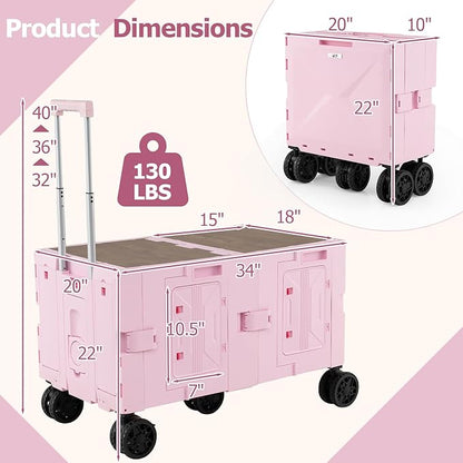 Goplus Large Foldable Utility Cart w/ 2-Tier Storage Crates, 5 Rotate Wheels, Metal Telescoping Handle, Portable Rolling Trolley Collapsible Cart for Grocery Shopping Camping & Travel
