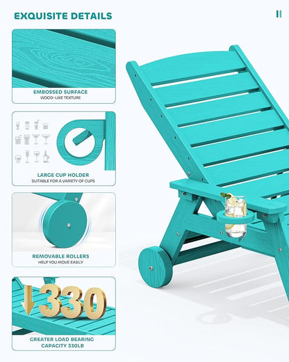 SERWALL Patio Chaise Lounge Chair Set of 2, 78'' Long 5-Positions Adjustable HDPE Outdoor Lounger for Pool, Poly Lounge Chair with Rolling Wheels & Cup Holder for Poolside, Deck, Aqua Blue