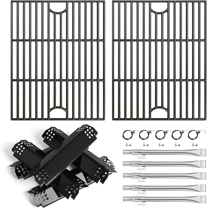 Grill Parts for Nexgrill replacement parts 5 Burner 720-0888 720-0888N 720-0888A,Cast Iron Cooking Grate,Heat Shield,Burner Kit for Nexgrill replacement parts 4 Burner 720-0830 720-0830H Grill Grates