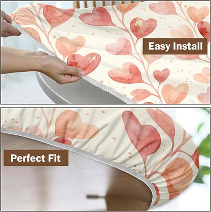 Valentines Day Round Fitted Tablecloth with Elastic Pink Love Heart Circle Table Cloth for 44-48" Round Tables Wipeable Waterproof Washable Valentine Hearts Table Cover for Picnic Dining Party Decor