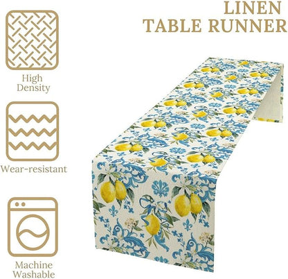 Lemon Flower Table Runner, Summer Fruit Sicilian Style Table Runner for Indoor Outdoor Kitchen Home Party Holiday Dining Table 13x108in
