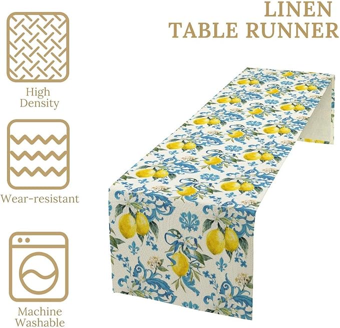 Lemon Flower Table Runner, Summer Fruit Sicilian Style Table Runner for Indoor Outdoor Kitchen Home Party Holiday Dining Table 13x36in