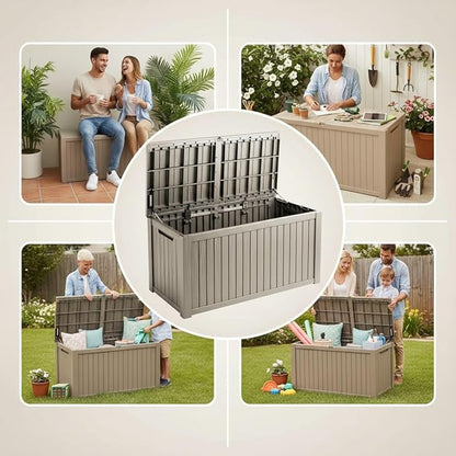 210 Gallon Outdoor Storage Bench Waterproof - Resin Deck Storage Chest for Patio & Pool, Lockable Outdoor Storage Box for Cushions & Tools, UV-Resistant, Granite Grey