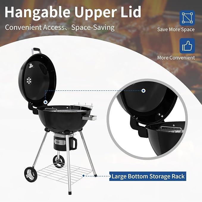 22.5-Inch Portable Charcoal Grill, Heavy Duty Kettle BBQ Smoker with Built-in Thermometer & Removable Water-Rinsable Ash Catcher for Outdoor Camping, Patio, Backyard, and Tailgating