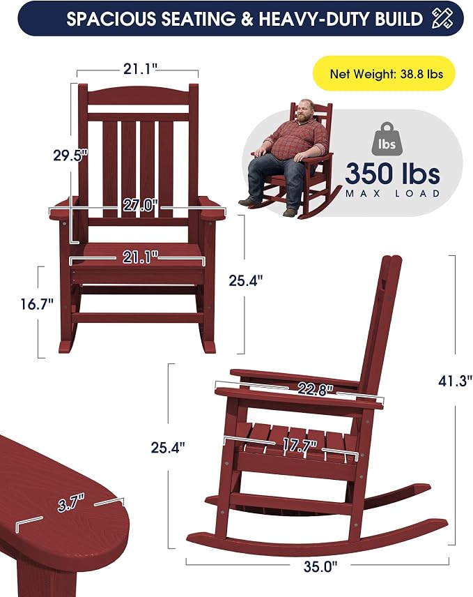 Oversized Outdoor Rocking Chairs Set of 4, HDPE Porch Rockers - Image 3