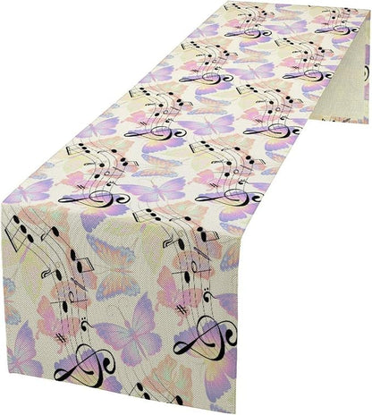 Music Butterfly Table Runner, Beautiful Musical Notes Spring Butterfly Background Print Table Runner for Holiday Kitchen Dining Outdoor Home Party 13x90in