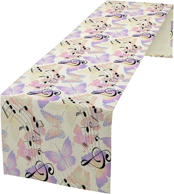 Music Butterfly Table Runner, Beautiful Musical Notes Spring Butterfly Background Print Table Runner for Holiday Kitchen Dining Outdoor Home Party 13x70in