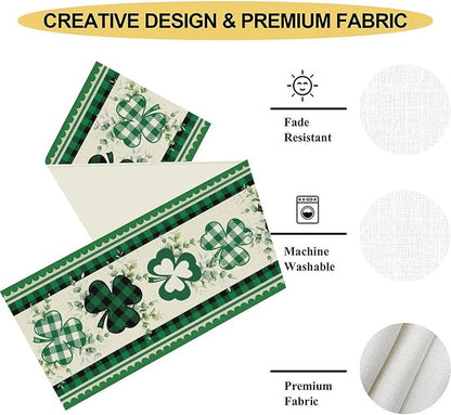 St.Patrick's Day Table Runner,Green Plaid Clover Eucalyptus Leaves Retro Linen Table Center Decor for Home Kitchen Dining Patio Holiday Party Indoor Decorations, 13"x72"