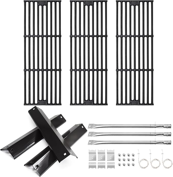 Hiorucet Grill Parts for CharGriller 5650, 5050, 3001, 5072, 3030, 3008, 4000, 5252, King-Griller 3008 5252 Gas Grills, Cast Iron Cooking Grates, Heat Plates, Burner Tubes, Igniters, Hanger Brackets