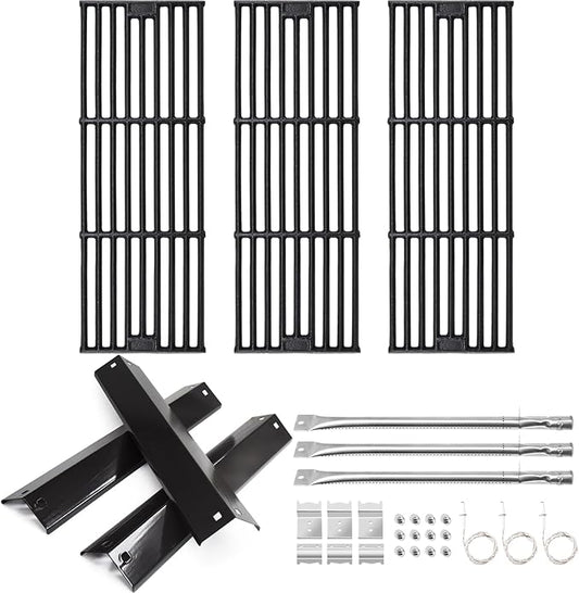Hiorucet Grill Parts for CharGriller 5650, 5050, 3001, 5072, 3030, 3008, 4000, 5252, King-Griller 3008 5252 Gas Grills, Cast Iron Cooking Grates, Heat Plates, Burner Tubes, Igniters, Hanger Brackets