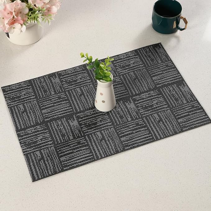 Black Placemats Set of 8, Plastic Vinyl 18" x 12" Place Mats for Dinner Table, No-Slip Wipeable Table Mats Daily Use Patio Kitchen Decoration