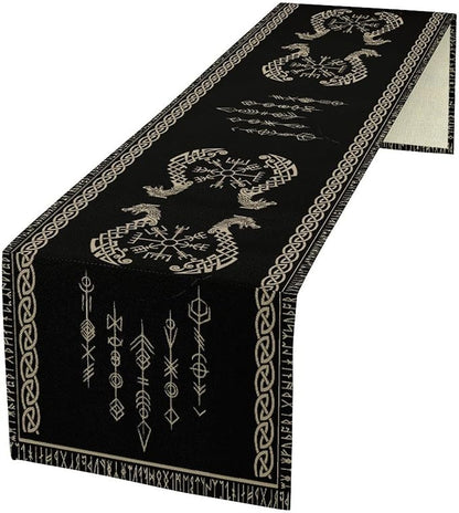 Viking Table Runner, Raven Ancient Rune Dragon Totem Norse Mystical Geometric Table Runner for Kitchen Dining Party Holiday Banquet 13x108in