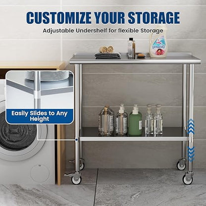 Stainless Steel Work Table with Wheels, 24x48 Inch NSF Food Prep Table with Backsplash & Adjustable Undershelf for Commercial Kitchen, Restaurant, Garage