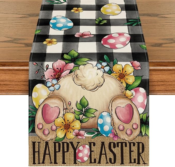 Artoid Mode Buffalo Plaid Bunny Egg Flowers Happy Easter Table Runner, Seasonal Spring Kitchen Dining Table Decor for Home Party Decor 13x72 Inch