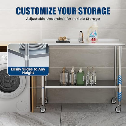 Stainless Steel Work Table with Wheels, 30x60 Inch NSF Food Prep Table with Backsplash & Adjustable Undershelf for Commercial Kitchen, Restaurant, Garage