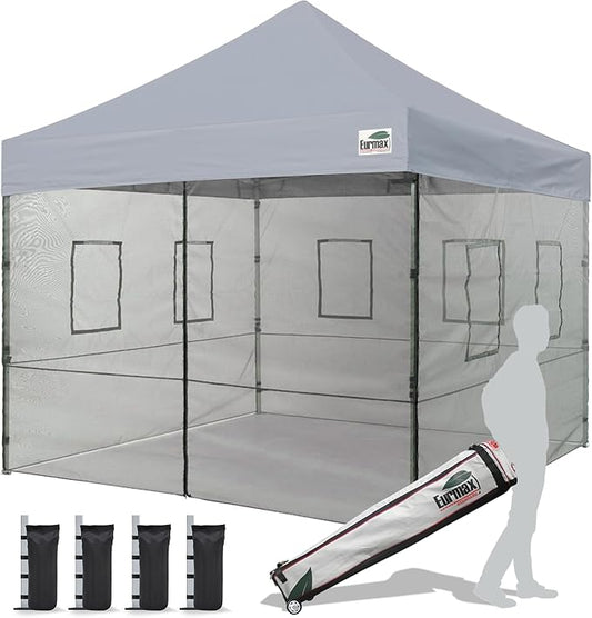 Eurmax USA 10'x10' Pop-up Canopy Tent Commercial Instant Canopies with 4 Removable Zipper End Food Service Wall kit and Roller Bag, Bonus 4 SandBags(Gray)