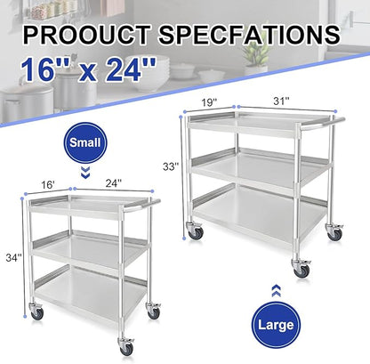 3 Tier Stainless Steel Utility Cart | Heavy Duty Metal Rolling Cart with Handle & Wheels | Ideal for Kitchen, Restaurant, Hospital, Laboratory & Home (16''x24''x34'')
