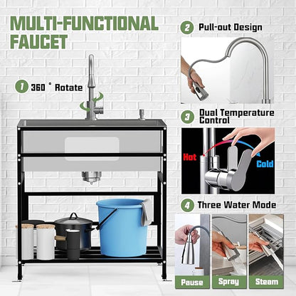 30x18 Inch Stainless Steel Utility Sink-Freestanding Laundry Sink Practicality With Accessories Stainless Functional Faucet,Soap Dispenser, SS Sink Grid For Laundry,Garage,Outdoor Kitchen,Garden...