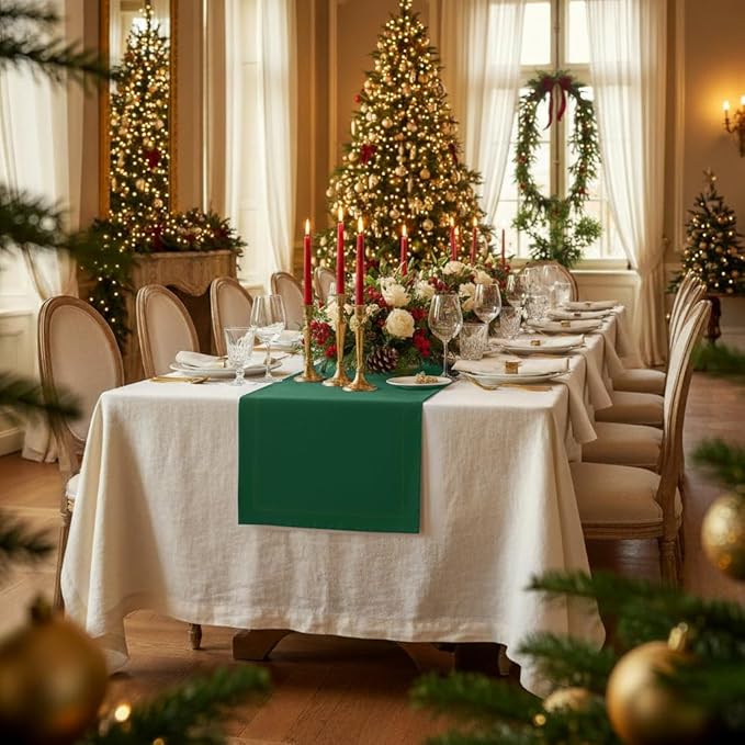 D'Moksha Homes Linen Forest Green Table Runner 132 Inches Long - 100% Pure Linen Extra Long Table Runner 14 x 132 Inch for Winter, Holiday - Machine Washable