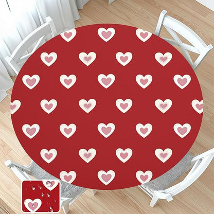 Valentines Day Round Fitted Tablecloth with Elastic Red Pink Heart Circle Table Cloth for 48-52" Round Tables Wipeable Waterproof Washable Burgundy Valentine Table Cover for Picnic Dining Party Decor