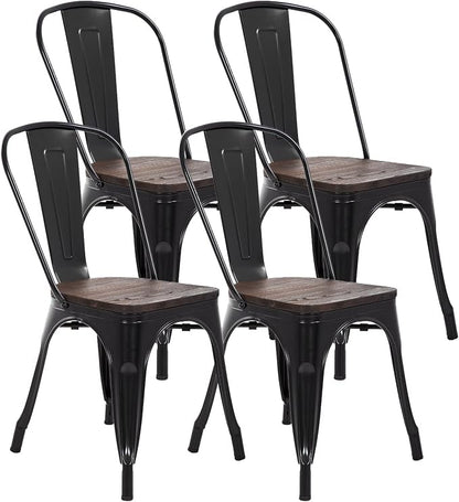 FDW | Metal Dining Chairs with Wooden Seat | Set of 4 | Black | Stackable Tolix by FDW