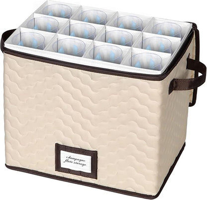 Wine Glass Storage Box with Dividers - Stemware Storage Case, Durable Quilted Microfiber Bin with Carry Handles, Protects Fine China - (1 Pack, Champagne Flute)