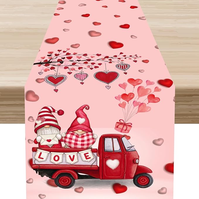 Valentines Day Table Runner,Pink Red Heart Gnomes Truck Balloon Valentines Runner for Table Seasonal Cute Decor for Indoor Outdoor Dining Table Decorations, 13"x36"