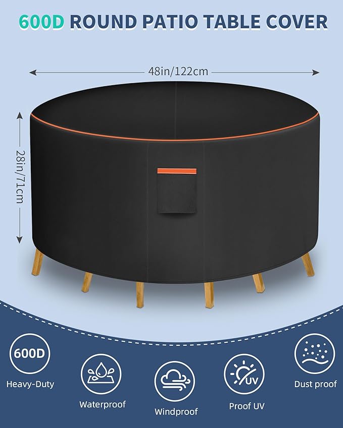 Round Patio Furniture Cover, 48 Inch Diameter Waterproof 600D Heavy Duty Table and Chair Set Protection Black
