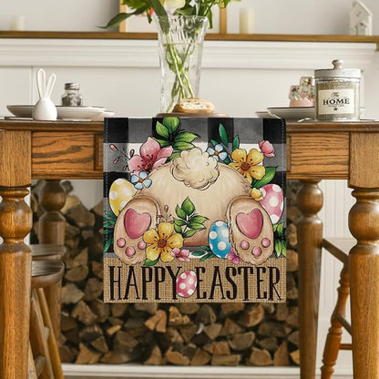 Artoid Mode Buffalo Plaid Bunny Egg Flowers Happy Easter Table Runner, Seasonal Spring Kitchen Dining Table Decor for Home Party Decor 13x120 Inch