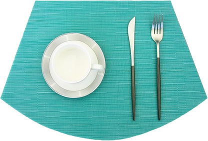 PIGCHCY Wedge Shaped Placemats for Dining Table Cross-Weave Washable Vinyl Placemat Heat Resistant Round Table Mats Set of 4 (Teal Blue)