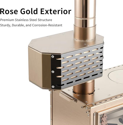 304 Stainless Steel Chimney Platform with Spark Arrestor and Cooking Platform, with Tent Protection, for Wood Burning Stoves with 70mm Diameter Chimneys, Rose Gold