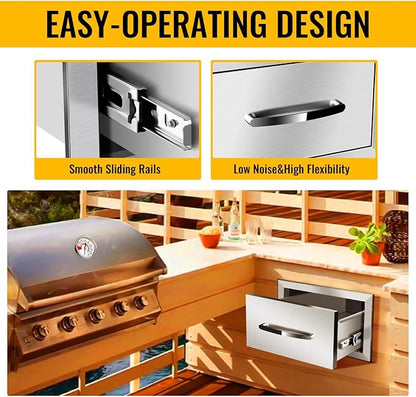 Outdoor Kitchen Drawers, Flush Mount Triple Access BBQ Drawers With Stainless Steel Handle, BBQ Island For BBQ Island Patio Grill Station,Single Drawer