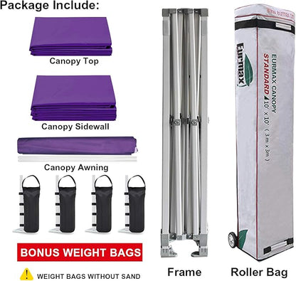 Eurmax USA 10 x 10 Pop up Canopy Commercial Tent Outdoor Party Canopies with 4 Removable Zippered Sidewalls and Roller Bag Bonus 4 Canopy Sand Bags & 24 Squre Ft Extended Awning (Purple)