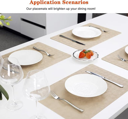 Vinyl Placemats Set of 6 Heat Resistant Easy Clean Non-Slip Place Mats for Dining Table. Faux Leather Waterproof Stain Resistant Wipeable Washable PU Table Mats(6, Beige)