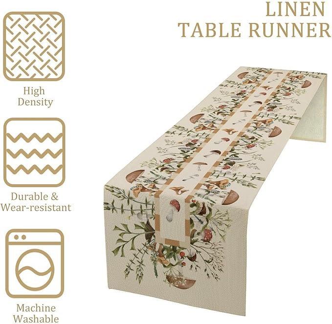 Wild Mushroom Table Runner, Retro Floral Plants Botanical Print Table Cover for Kitchen Dining Table Wedding Home Party Decor, 13x70inch