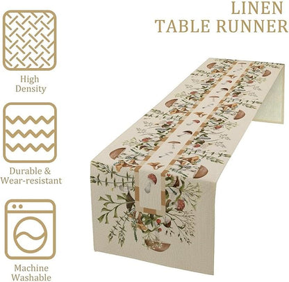Wild Mushroom Table Runner, Retro Floral Plants Botanical Print Table Cover for Kitchen Dining Table Wedding Home Party Decor, 13x120inch